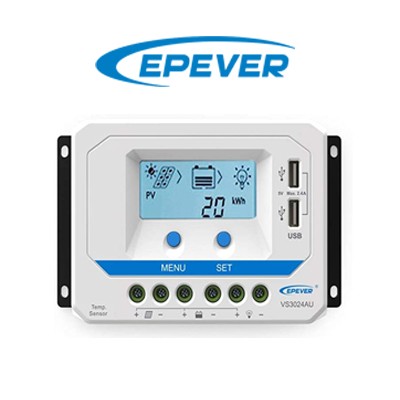 Controlador de carga EPEVER PWM 30A 12V/24V com ecrã e USB (VS3048AU)