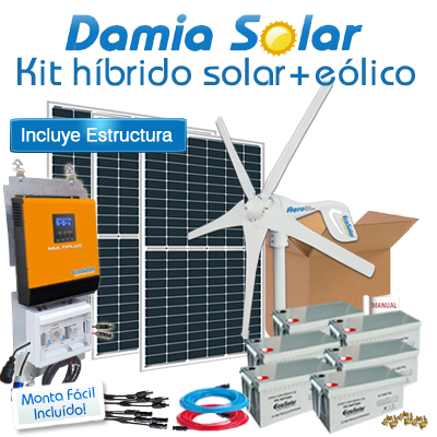 Kit híbrido solar + eólico 3000W Diario: Frigo, máquina lavar, iluminação
