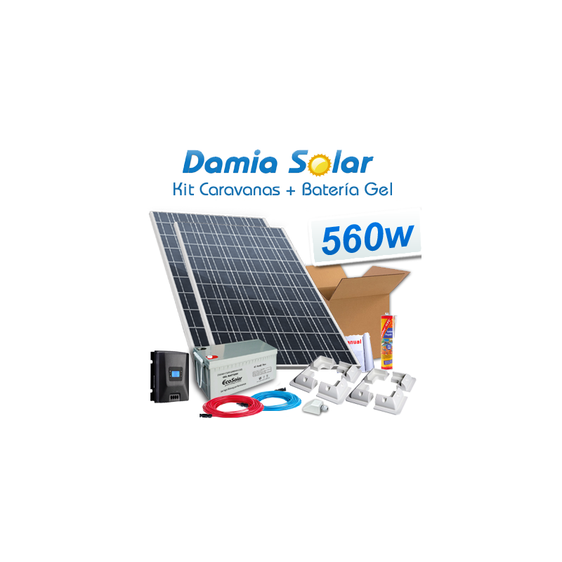 Kit solar para caravanas 560W 12V  + Bateria de Gel (2 x Painéis de 280W 24V)