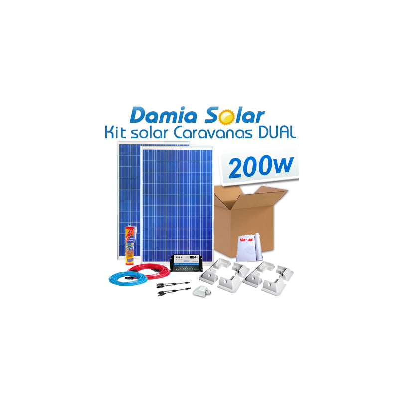 Kit solar completo para caravanas 200W con regulador Dual (dos paneles de 100W 12V)