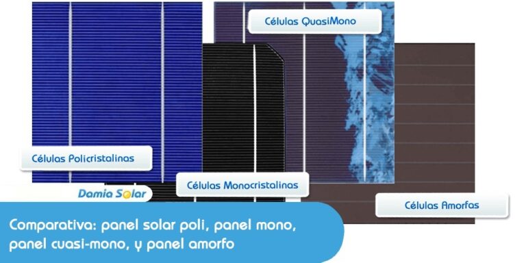 Comparativa: panel solar poli, panel mono, panel cuasi-mono, y panel amorfo
